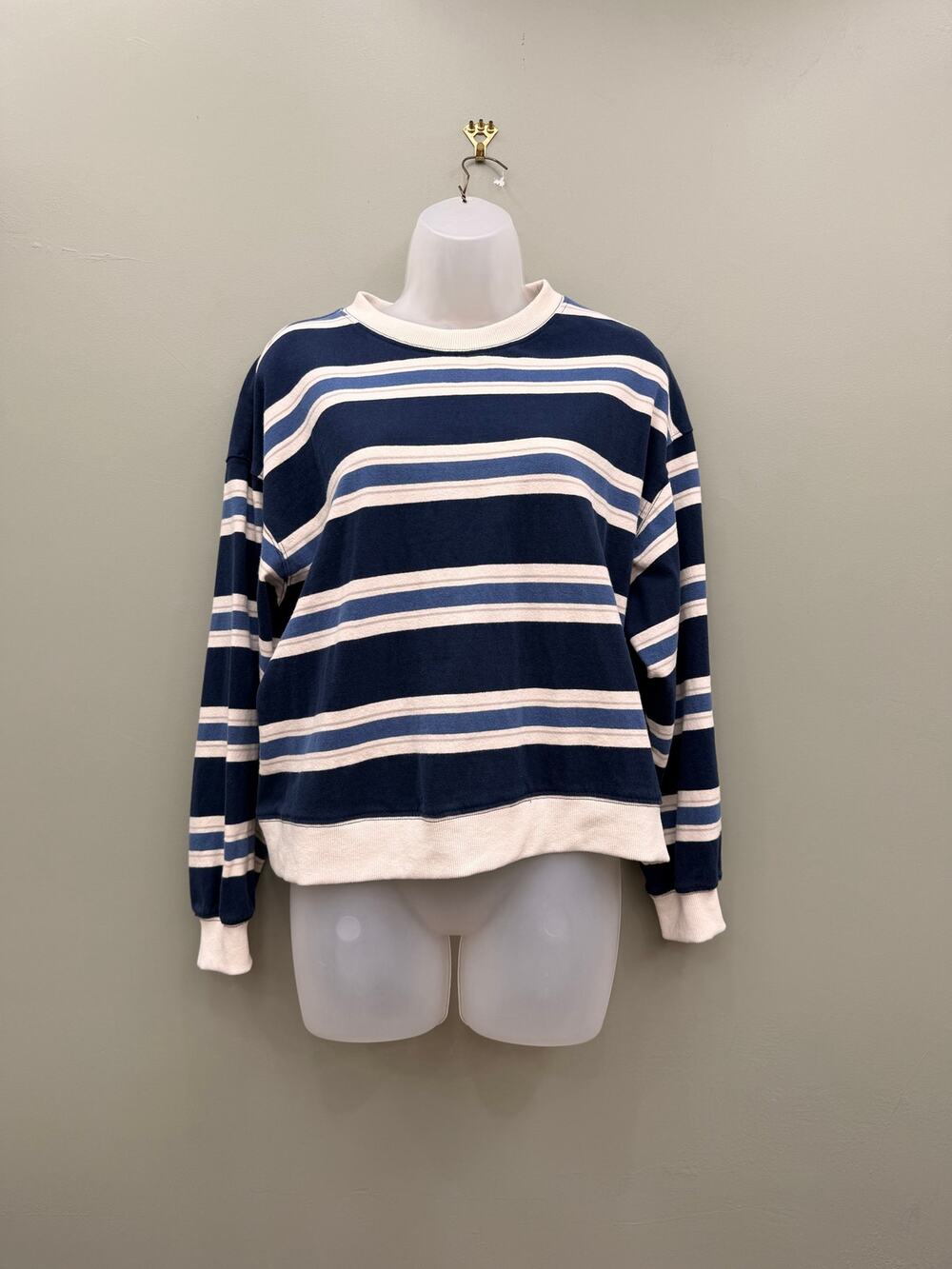 Blue Cream Stripe Sweatshirt Oversized Coastal Preppy Nautical Medium